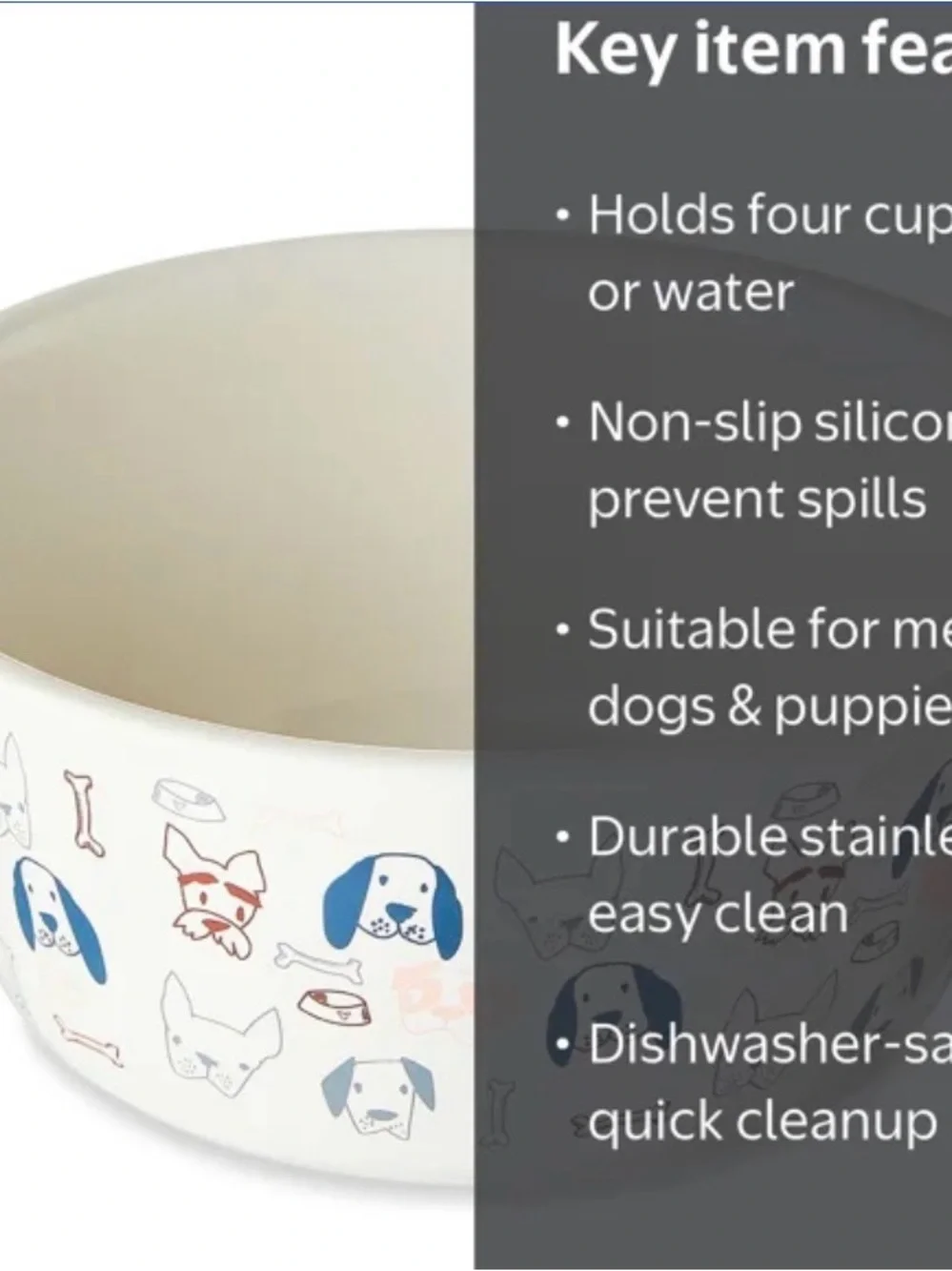 (NEW PAIR) Vibrant Life 4-Cup Stainless Steel Doggie Faces Pet Bowl Off White